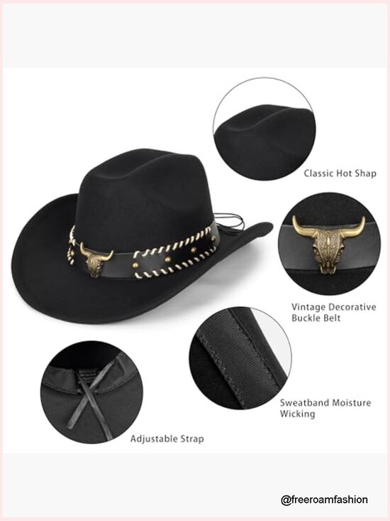 Wide Brim Western Cowboy Hat Fedora with Bull Head Band Decoration Unisex main image 6